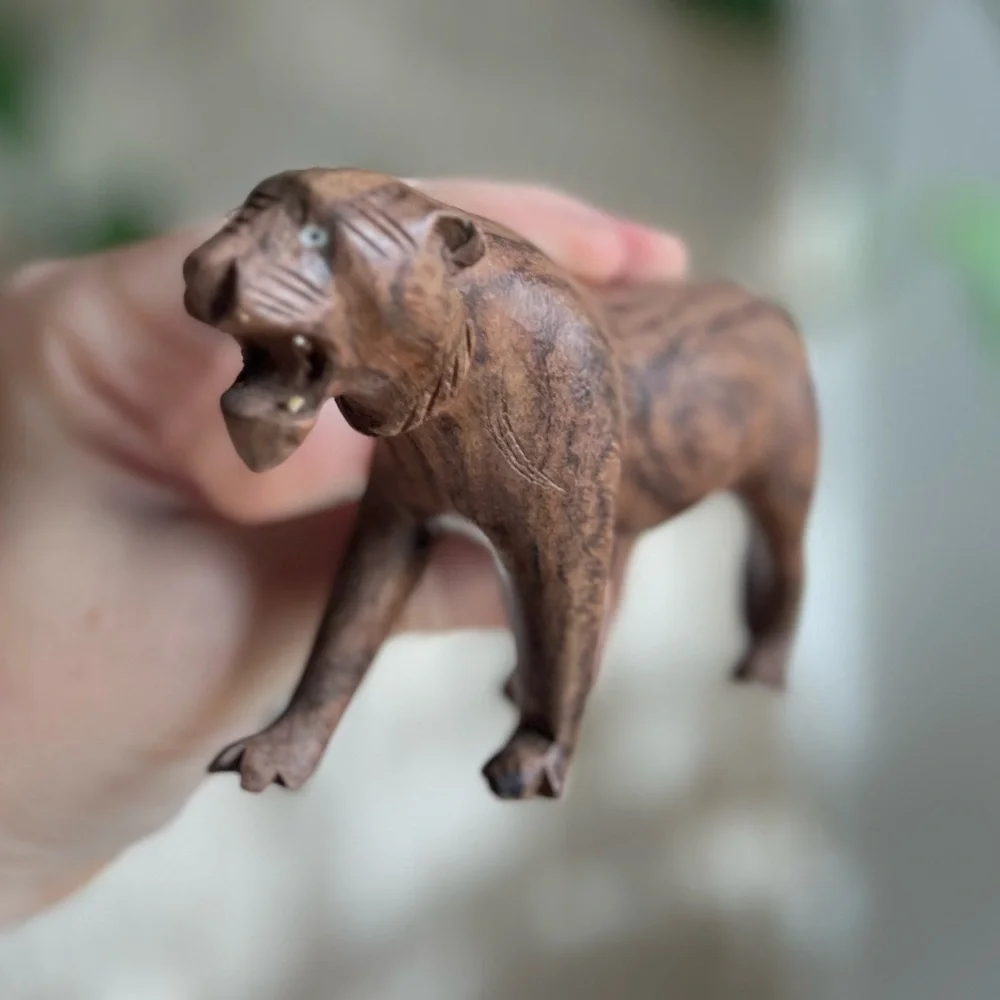 Vintage Hand-Carved Wooden Tiger Figurine Teak Jungle Cat Sculpture Safari Decor